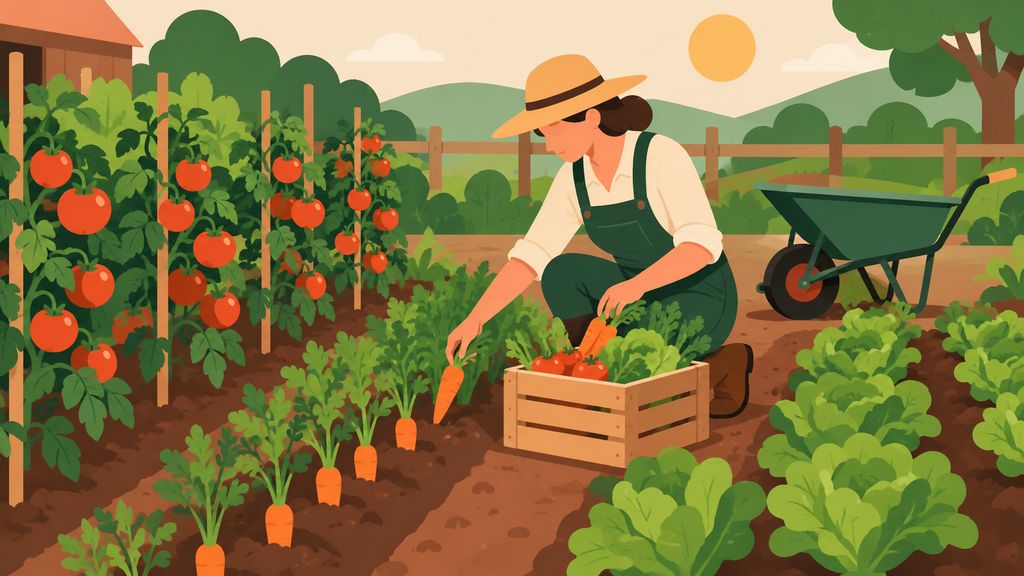 Illustration flat design d'un potager avec récolte de légumes et brouette